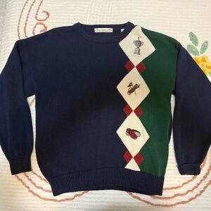 Men's VINTAGE John Ashford Golf Navy and Green Sweater with Argyle Pattern L